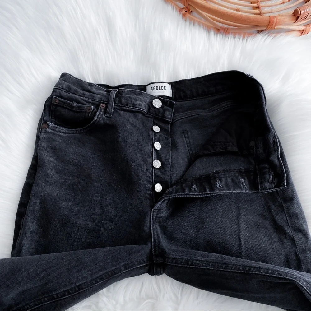 Agolde Black Nico High Wasted Ripped Knee Button Fly Slim Jean Distressed